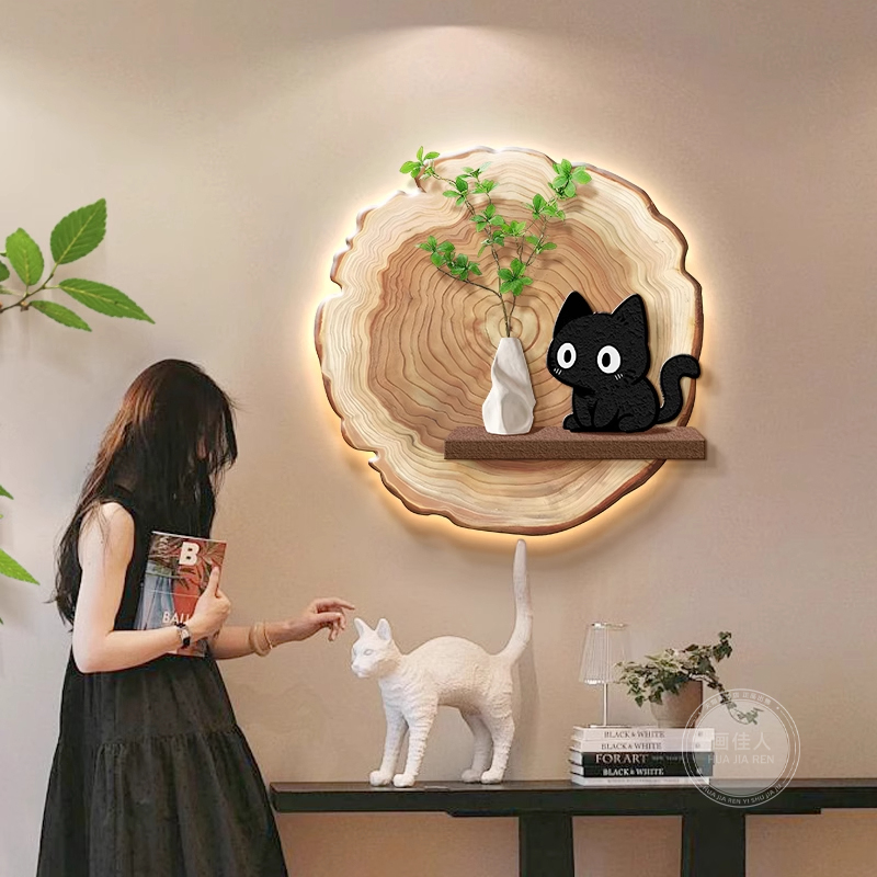 原木风猫咪餐厅装饰画壁灯高级感立体砂岩客厅带灯挂画治愈壁画图片