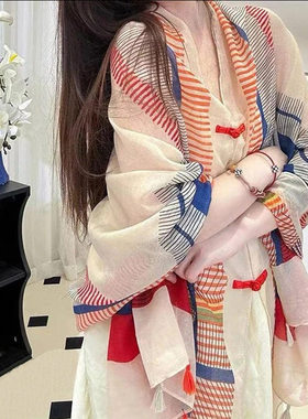 披肩女外搭民族风夏季旅游穿搭复古盘扣防晒外套百搭罩衫薄款丝巾