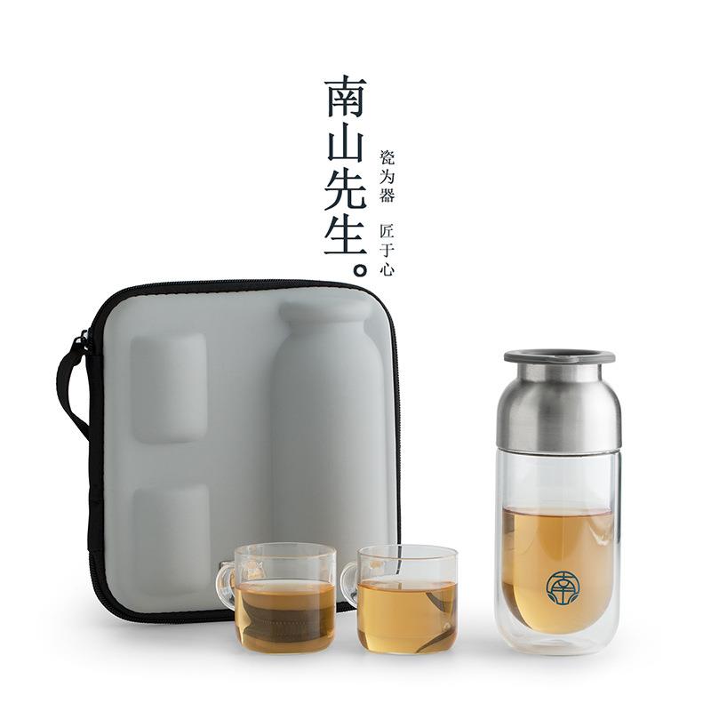 xyt嘟嘟双层防烫快客杯玻璃旅行便携茶具套装一壶二杯泡茶壶