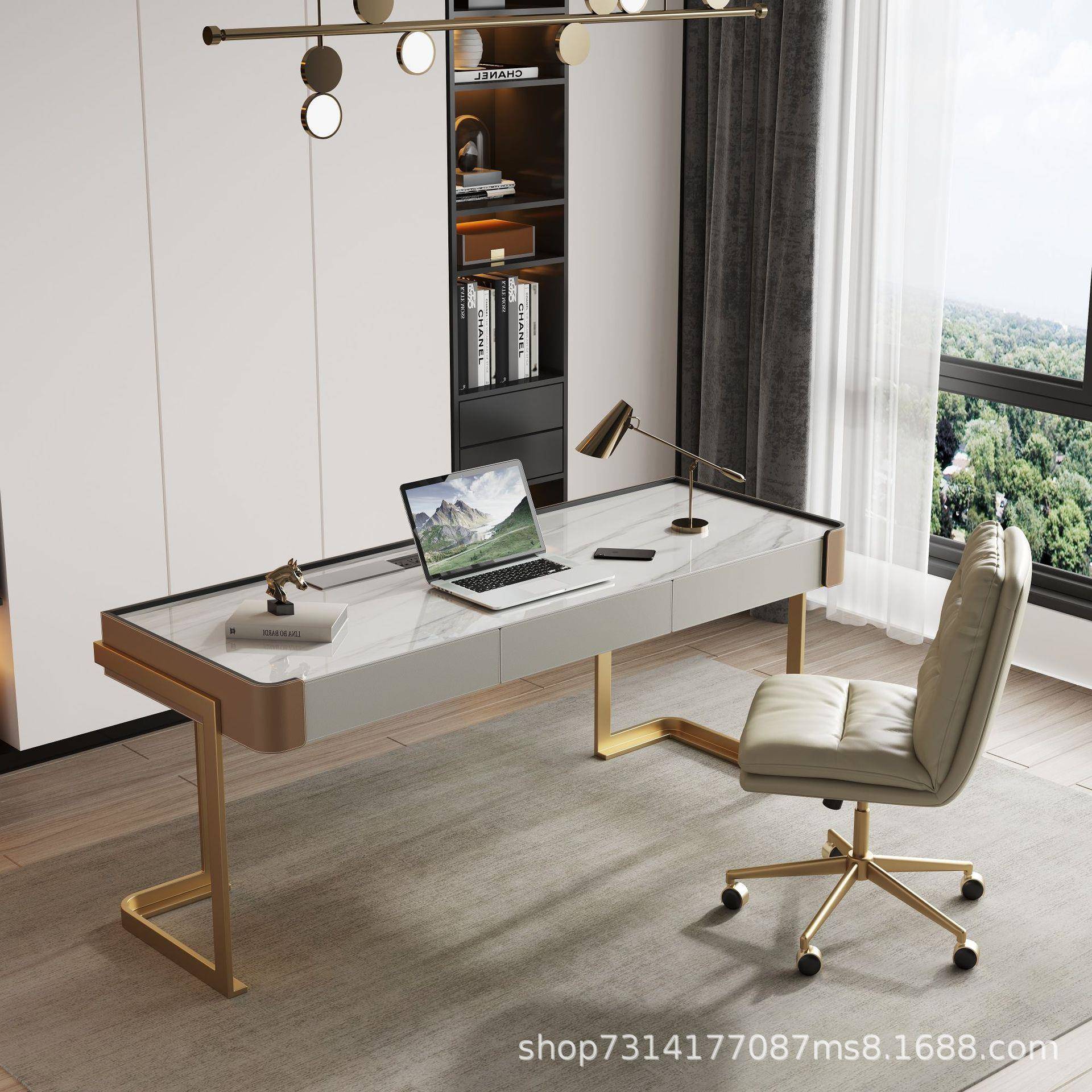 轻奢岩板马鞍皮书桌现代家用意式书房设计师办公桌墙边高端电脑桌