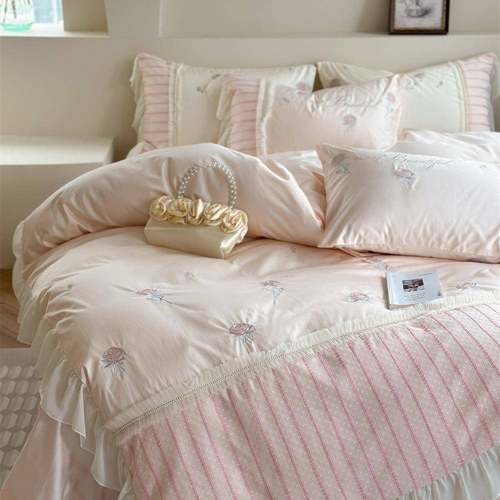 浪漫少女心韩式澳棉四件套花卉刺绣纯棉被套床单女生床品