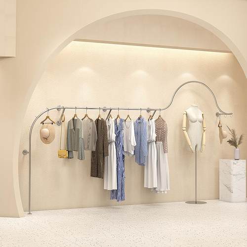 服装店展示架新款服装架不锈钢银色上墙挂衣杆女装店货架陈列架