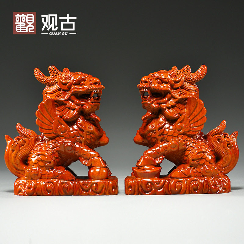 花梨木雕麒麟摆件一对木制家用办公室客厅卧室装饰工艺品开业送礼