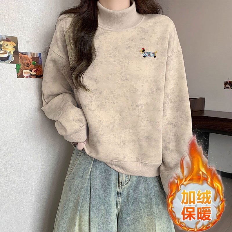 半高领加绒加厚扎染卫衣女秋冬季爆款保暖宽松无帽套头上衣