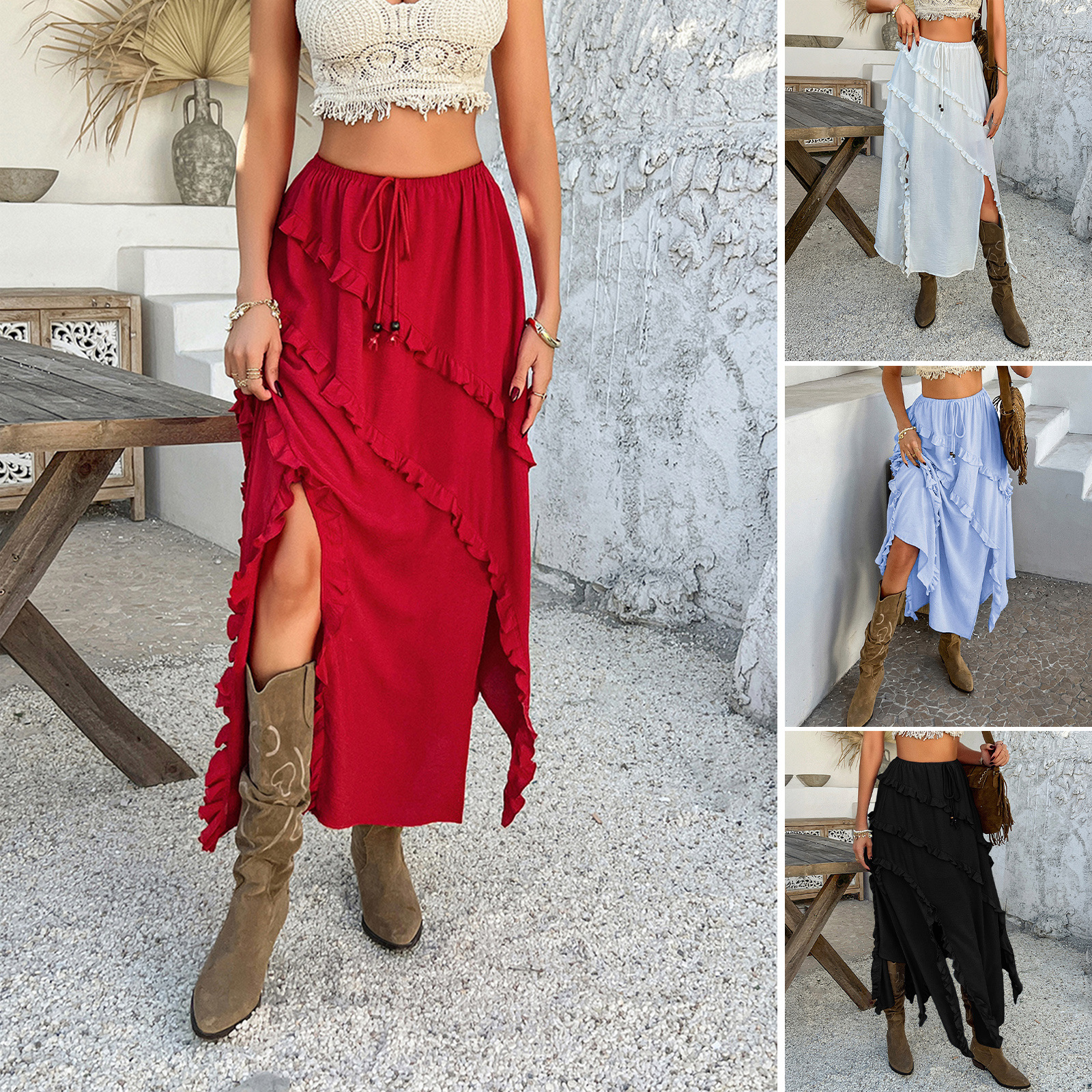 Solid color lace  tied waist long skirt 纯色花边系带中长裙女