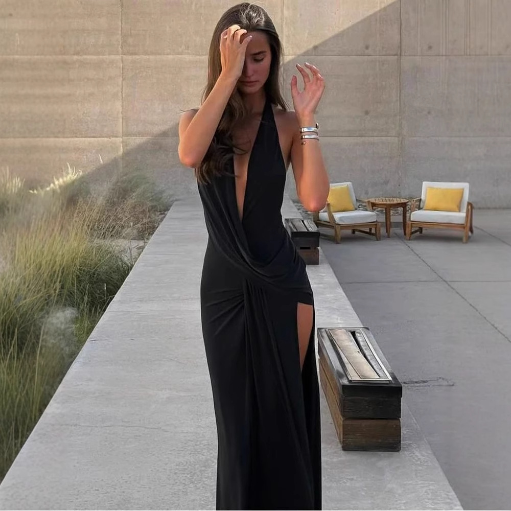 Deep V-neck floor length jumpsuit dress深V领拖地露背连衣长裙