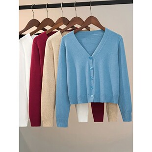 long sleeved cardigan纯色休闲V领短款 开衫 short 长袖 女 neck