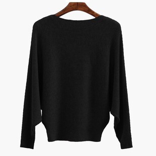 bat sweater纯色休闲蝙蝠袖 sleeve neck 一字领毛衣女 one Casual