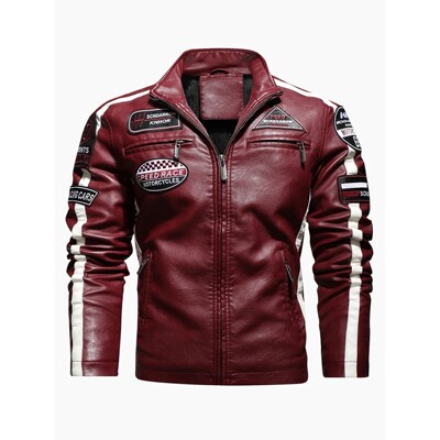 男士拼接机车皮夹克春季