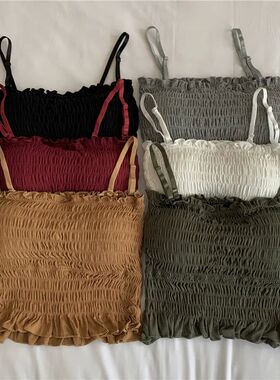 Solid color pleated cropped vest top女士纯色褶皱露脐抹胸吊带