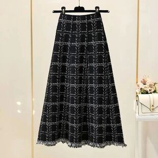 中长款格子小香风半身裙女 Medium length plaid skirt for women