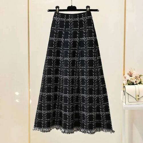 中长款格子小香风半身裙女 Medium length plaid skirt for women