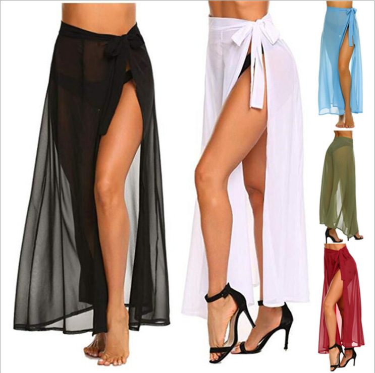 Solid color lace up slit mid length skirtn纯色系带中长款裙女