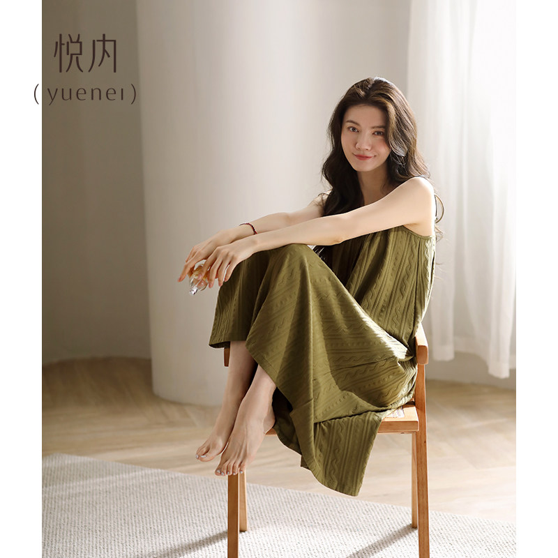 悦内带胸垫一体睡裙女士夏季夏款背心吊带纯棉夏天睡衣长款可外穿