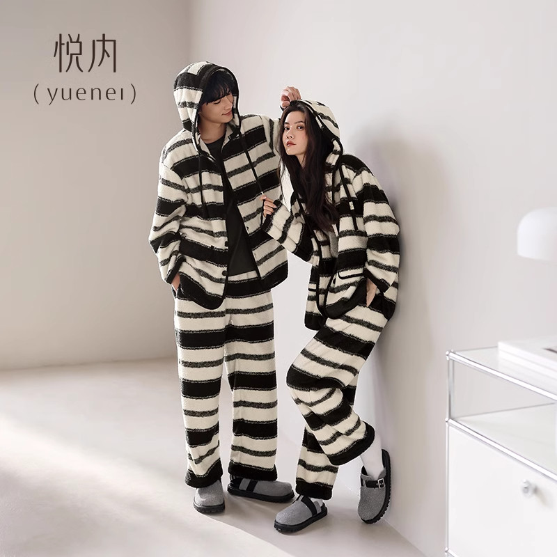 悦内半边绒情侣睡衣女秋冬款冬季珊瑚绒加绒保暖厚家居服条纹男士,女士内衣/男士内衣/家居服,睡衣/家居服套装,淘宝优惠券,粉丝福利购,淘宝优惠卷