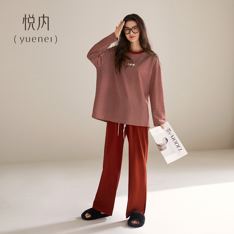 悦内带胸垫睡衣女款春秋季秋天纯棉长袖家居服休闲运动显白莓红色