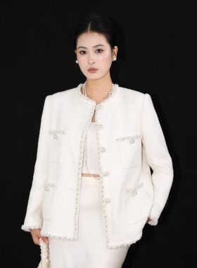 SHIMANINE岛九 重工华美 镶边钉珠白色羊毛小香风外套名媛高级感