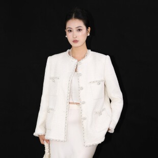 SHIMANINE岛九 重工华美 镶边钉珠白色羊毛小香风外套名媛高级感