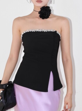 SHIMANINE岛九 派对女王 黑色镶钻抹胸女超闪钻包边性感派对战袍