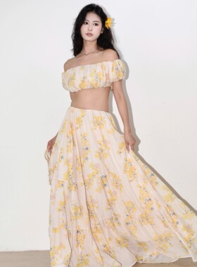 SHIMANINE岛九 浪漫田园 泡泡袖漏肩抹胸高腰花朵半身裙女夏温柔