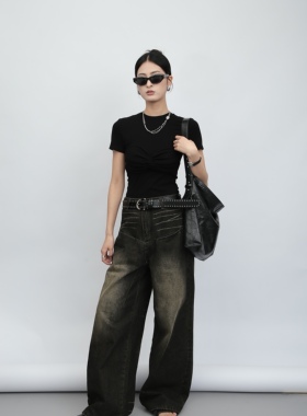 SHIMANINE 岛九 美式复古水洗黑色 直筒阔腿宽松辣妹拖地牛仔裤