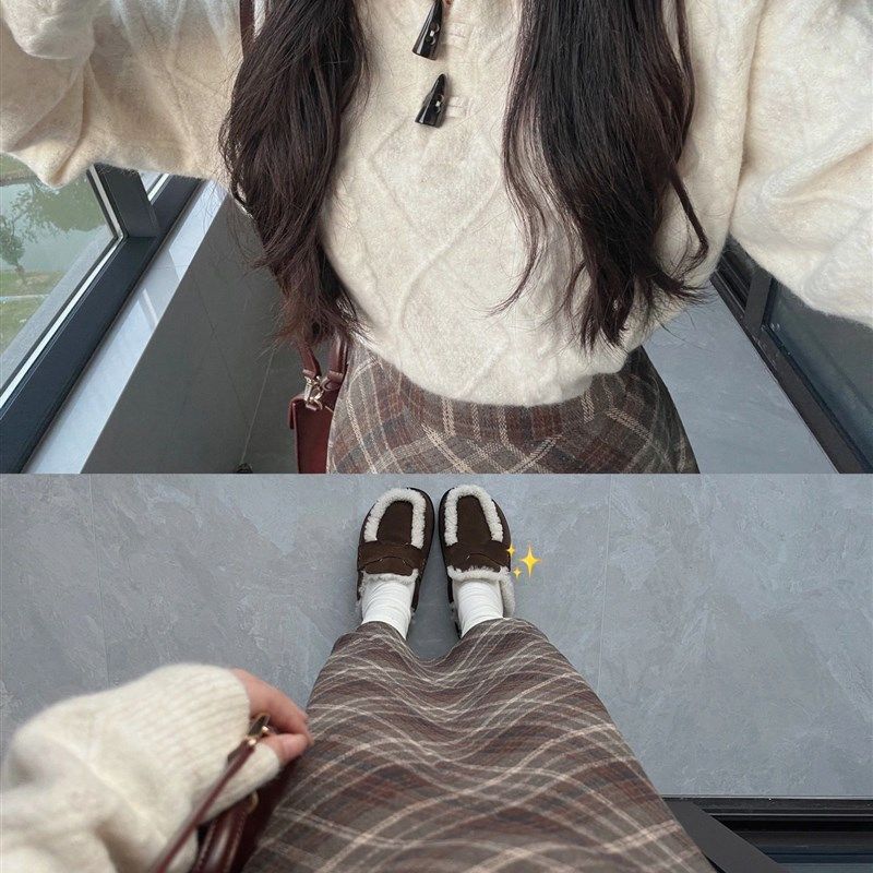 速发学院风小个子炸街茶系穿两一整套针织衫格子半身裙搭件套装