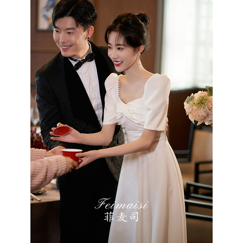 速发白色小晚礼服日常毕穿面婚连衣裙缎订回门宴会可业领证登记小