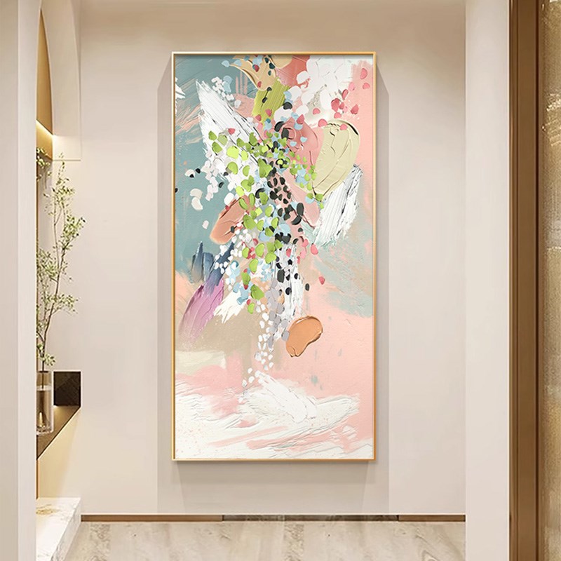 速发粉色仿背绘油画客美沙发手景墙画厅发店装饰画抽象画玄关挂画