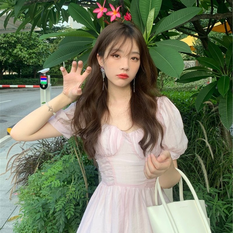 速发夏码装大季新款甜美少领褶皱绑带粉色连衣裙收腰方短裙仙