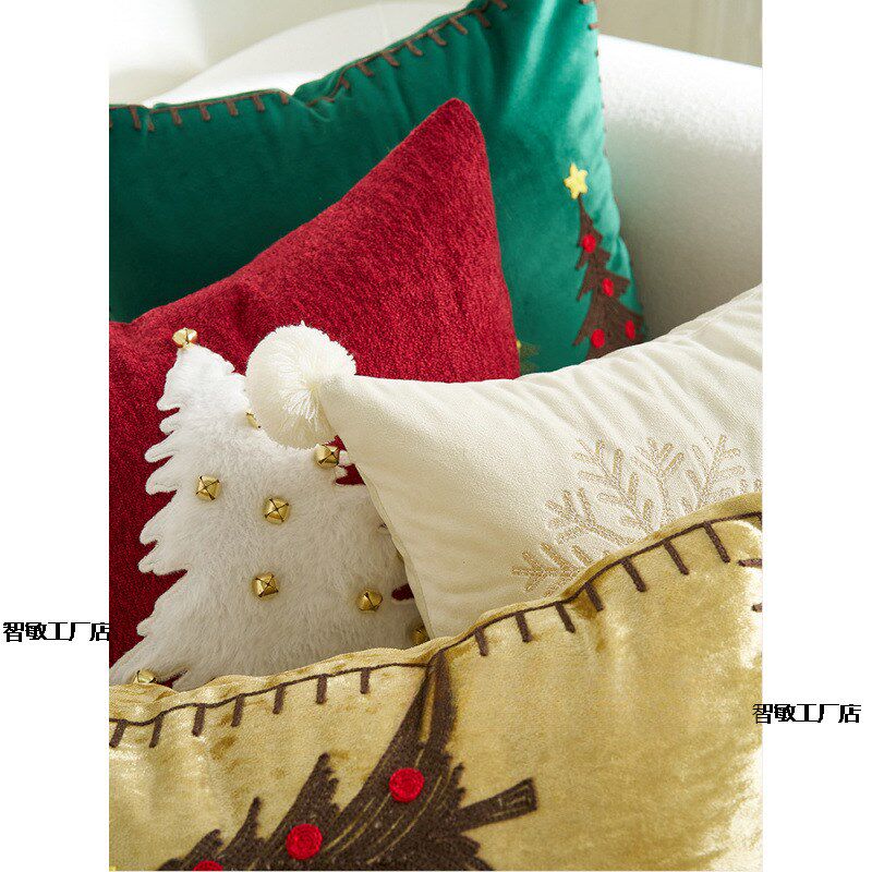 速发腰色圣诞枕抱节日客厅沙发装饰靠垫高级摄影圣诞树刺绣铃铛红
