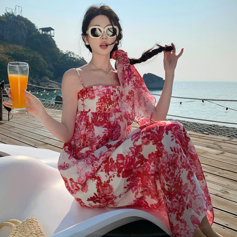 速发绝美小裙浪漫热情印花吊带连衣裙夏日海边拍照沙滩度假长裙含