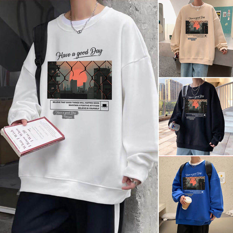 速发落日慵懒落春卫衣男潮领风宽松圆港无帽复古风肩衣服