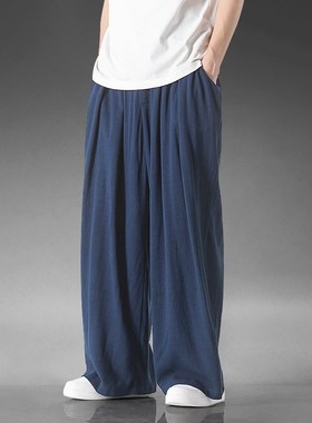 速发男季中国风亚麻长裤夏士宽松大码休闲裤阔腿裤棉麻透筒直气裤