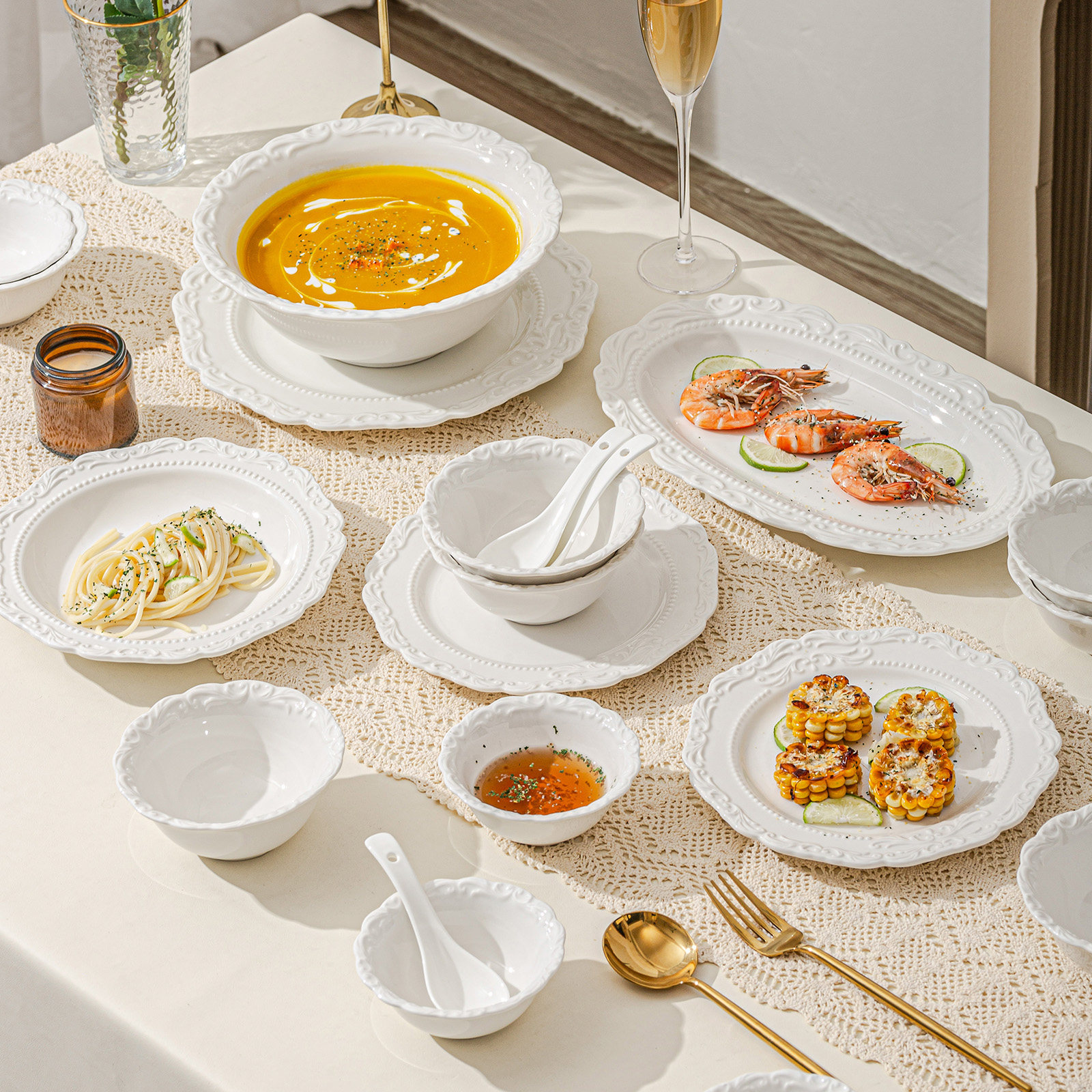 速发瓷式纯白色浮雕陶法陶瓷碗盘人个专用釉下彩大号商用新款高档