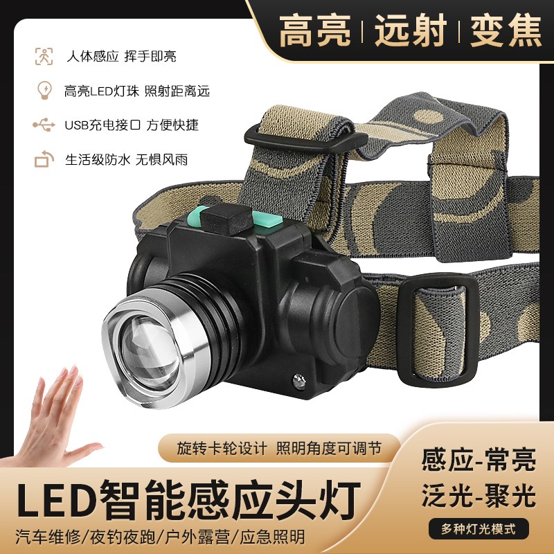 速发调焦头灯远光强应户外夜钓鱼充电夜跑手电筒露营头戴照明射急