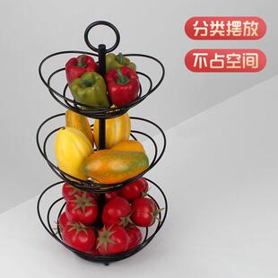厨房蔬菜置物架三层餐桌水果收纳篮家用茶几简约铁艺蔬菜篮 美式