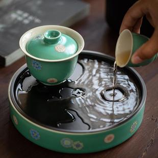 干泡盤圓形茶臺茶托大號壺承壺墊 松石綠陶瓷茶盤雙層蓄水儲水式