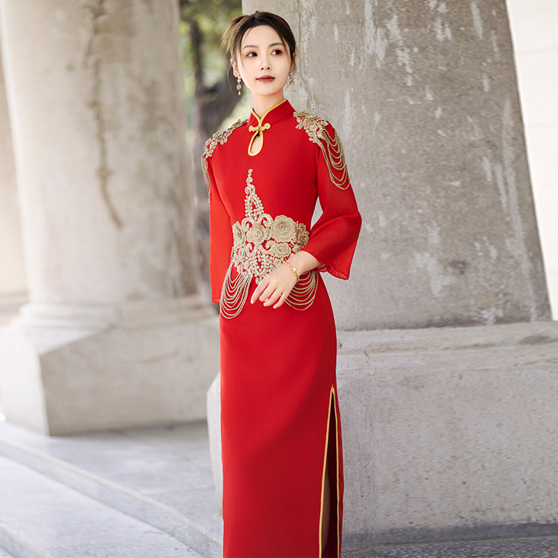 速发袍国红秋中2025新款外嫁回娘家服装旗冬长袖礼仪礼服走秀演出