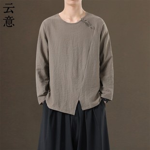 亚麻复古圆领打底衫 速发春新中中长衣T士式 国风盘扣内搭上袖