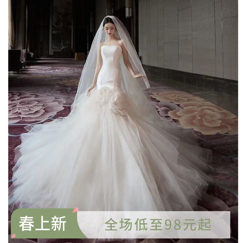 速发浪漫仙系6性感抹胸花朵鱼尾蓬蓬裙公主新娘拖尾婚纱礼11 服7