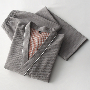 速发日式风形菱纹和服睡衣男春纯棉纱汗布蒸情侣家居服套装
