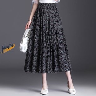 速发半身裙夏202款 垂感高腰A字长摆碎花长裙 新5百褶中大款