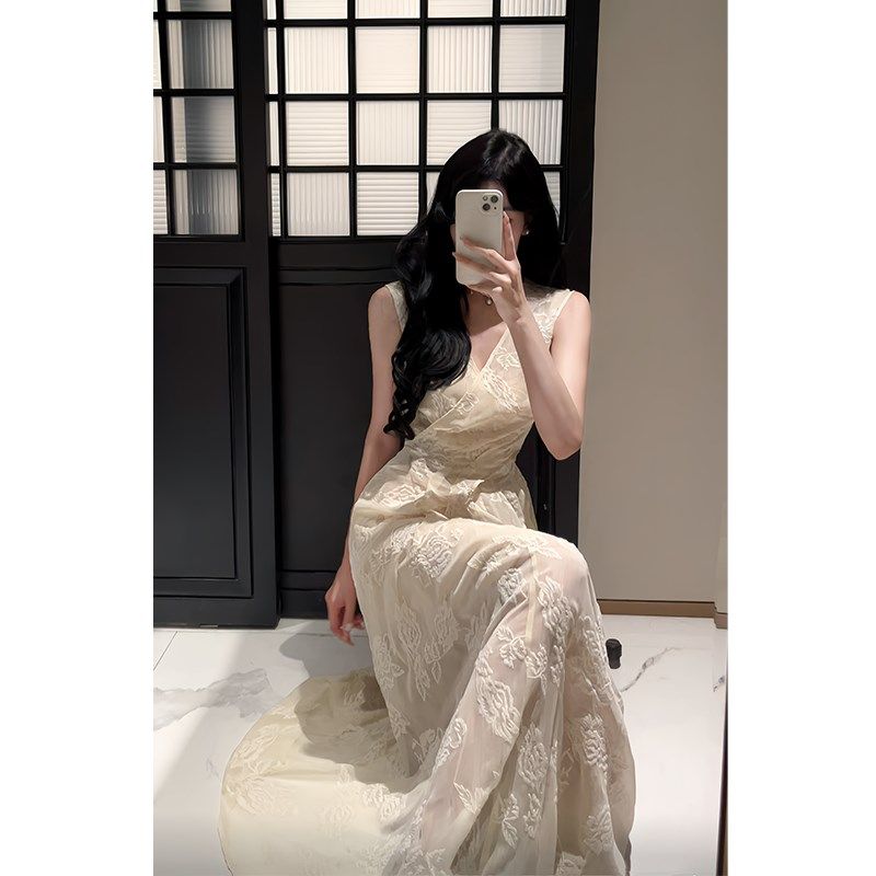 速发Good Job【云霓】法绣复古腰式连衣裙气质v领高级感收刺长裙