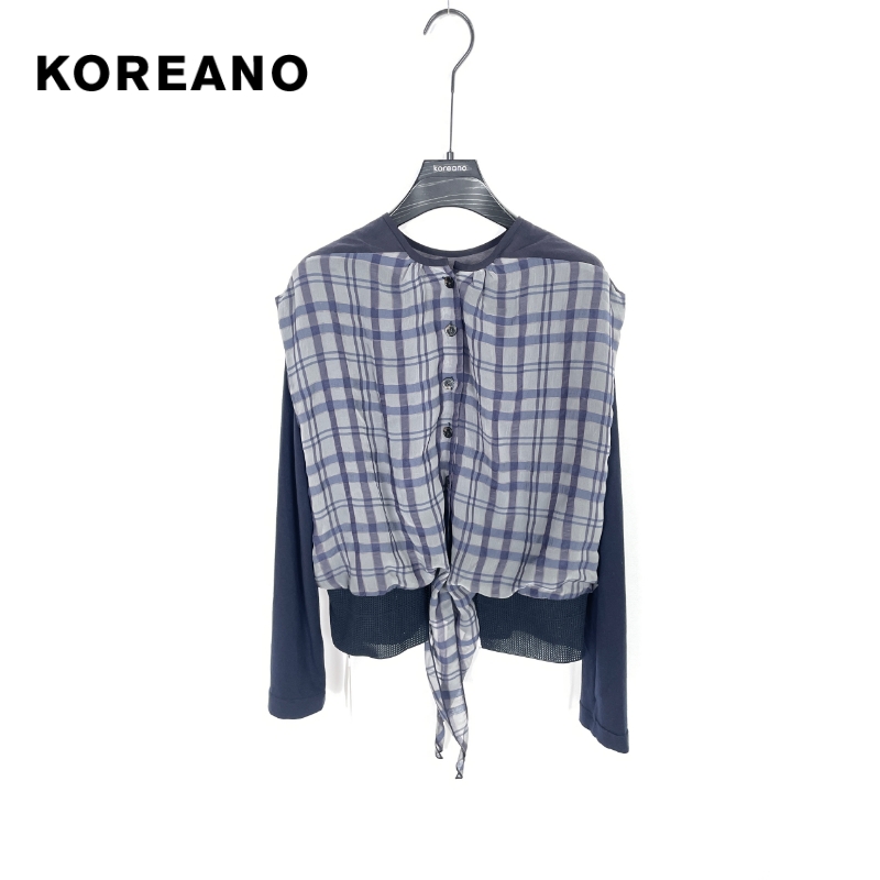 柯利亚诺春秋专柜同款圆领假两件式格纹拼接T恤  TW0219(9UN)