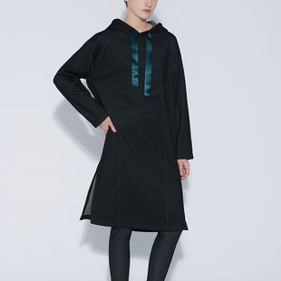 专柜同款 JUN 黑色连帽落肩宽松长款 LT4115 连衣裙 柯利亚诺冬季