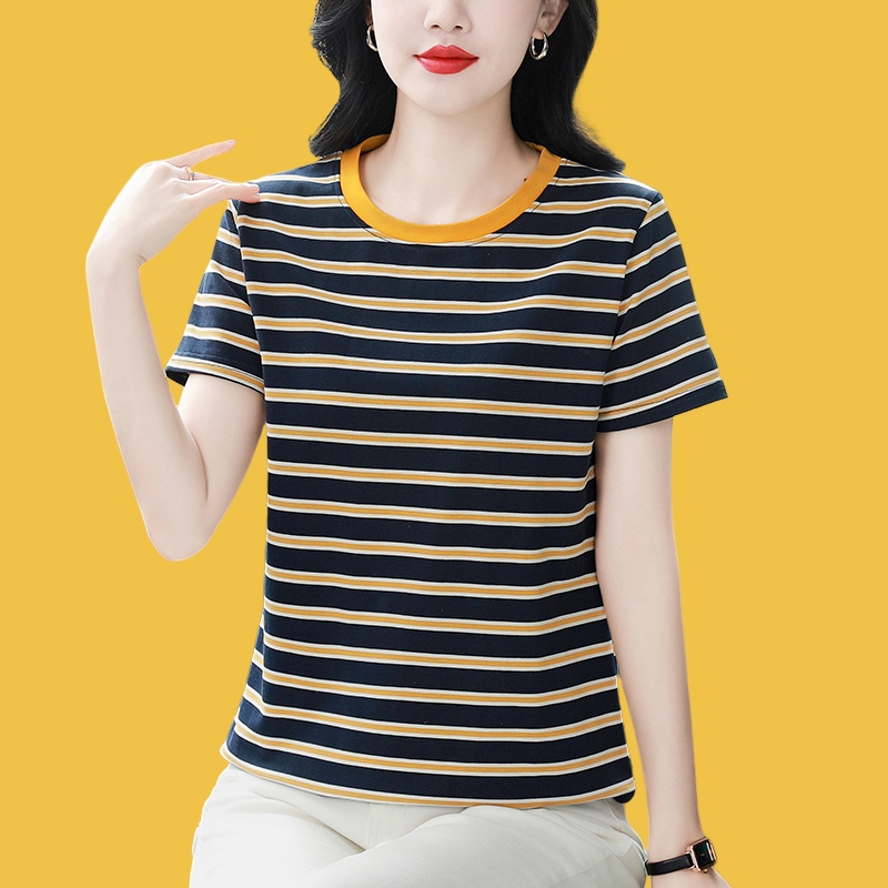 新款胖mm大码宽松纯棉短袖T恤女装夏装中年妈妈洋气上衣条纹体恤