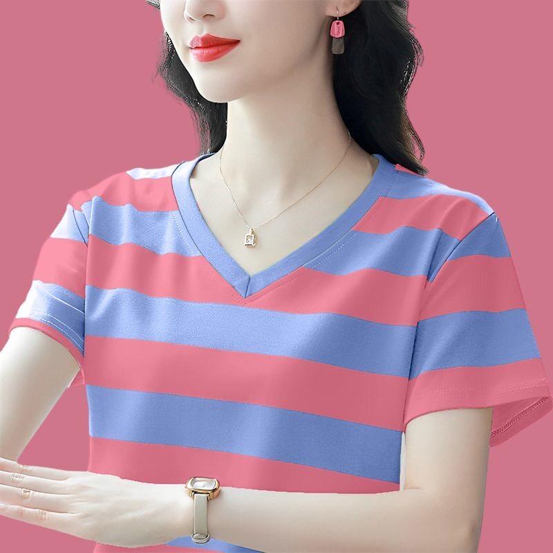妈妈款洋气夏装短袖2026新款纯棉条纹t恤女士宽松正肩气质上衣服