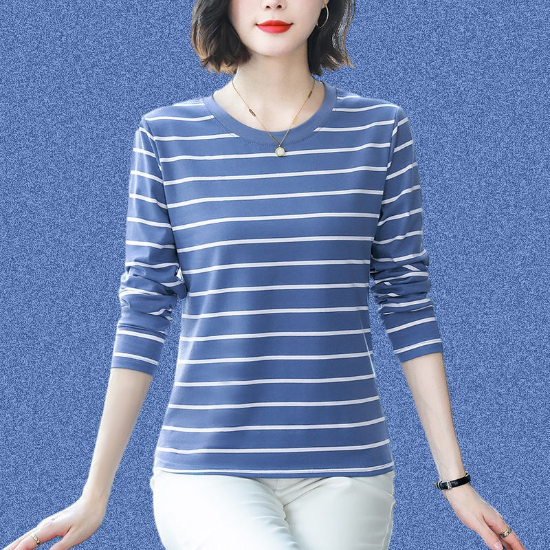 纯棉长袖t恤女2025新款春秋装中老年妈妈宽松大码条纹打底衫上衣