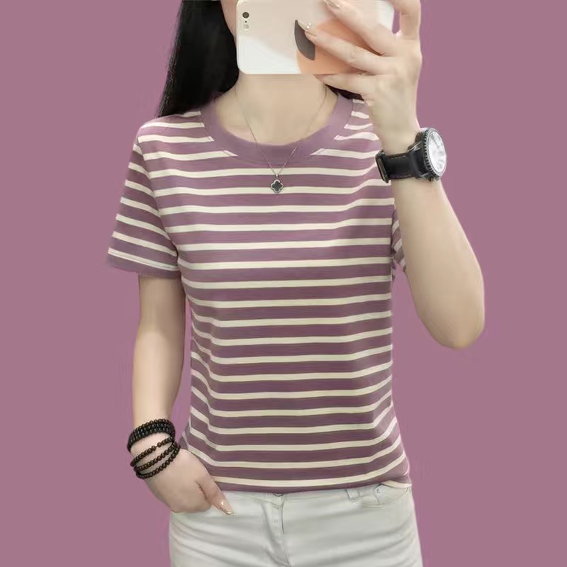 纯棉短袖t恤女士条纹大码圆领半袖中年妈妈夏装新款宽松显瘦上衣