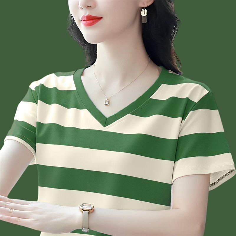 纯棉短袖t恤女士夏季新款条纹v领上衣中年妈妈宽松大码半袖体恤衫
